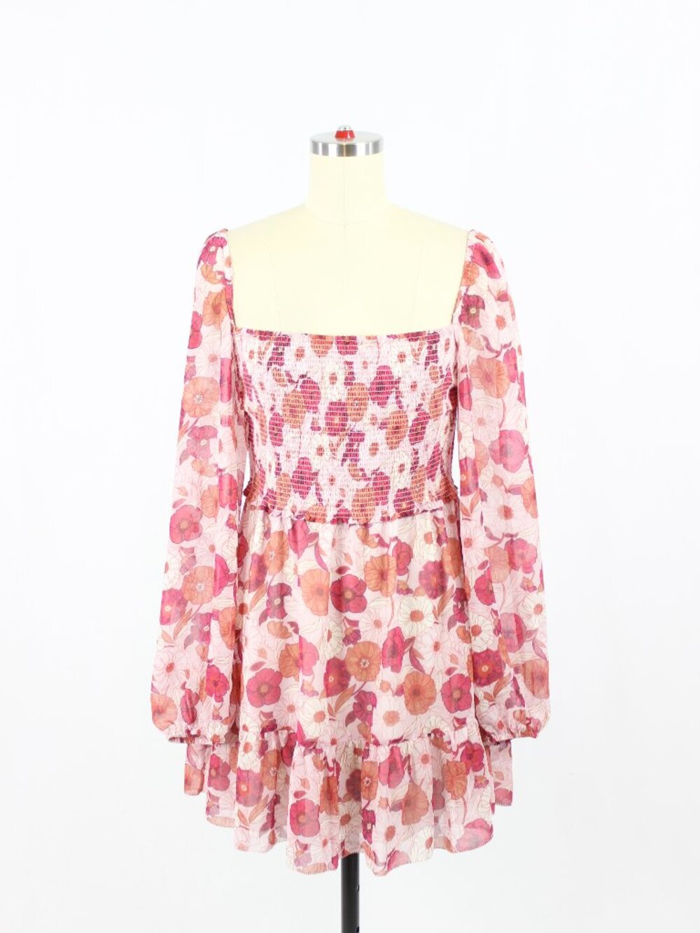 Aritzia WILFRED Tempest Floral Chiffon Smocked Long Sleeve Mini Dress, Size M